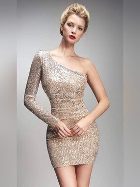 Nicole Bakti Designer Couture One Sleeve Open Back Silver Sequin Mini Dress L